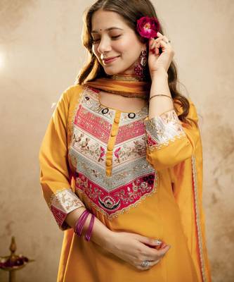 Yellow color chanderi partywear readymade salwar kameez for graceful looks 3