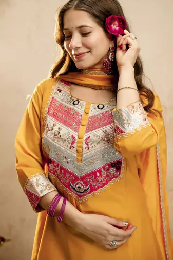Yellow color chanderi partywear readymade salwar kameez for graceful looks