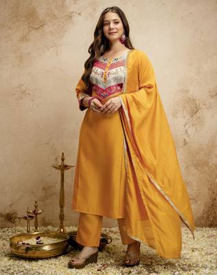 Yellow color chanderi partywear readymade salwar kameez for graceful looks 4