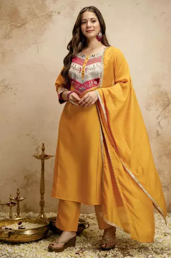Yellow color chanderi partywear readymade salwar kameez for graceful looks