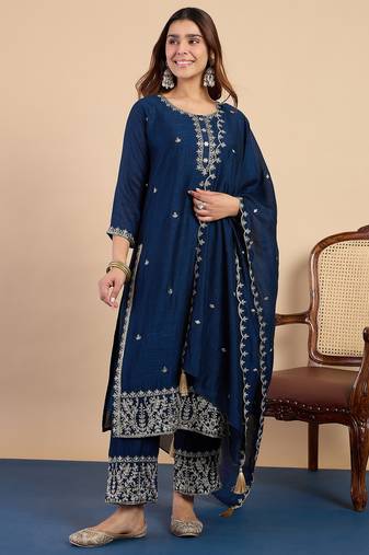 Teal blue color stylish silk blend embroidered graceful partywear dress