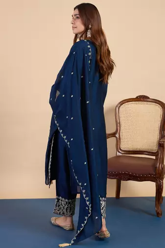 Teal blue color stylish silk blend embroidered graceful partywear dress