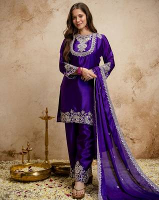 Purple color chinon partywear readymade salwar kameez for graceful looks 1