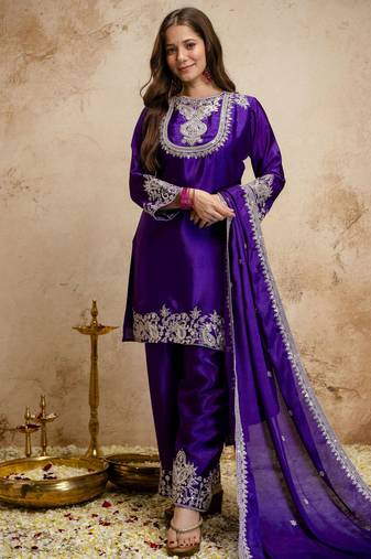 Purple color chinon partywear readymade salwar kameez for graceful looks