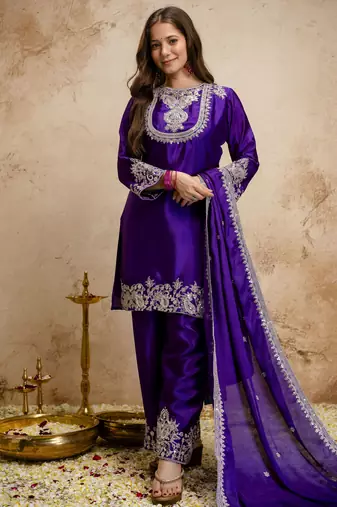 Purple color chinon partywear readymade salwar kameez for graceful looks