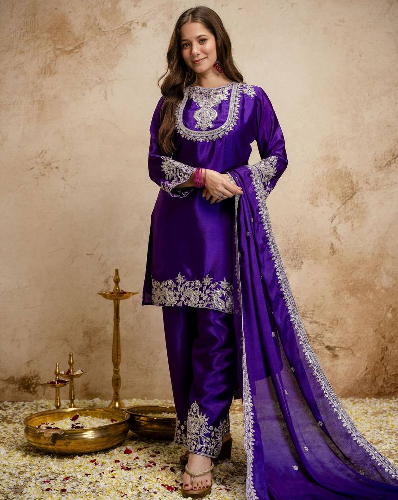 Purple color chinon partywear readymade salwar kameez for graceful looks