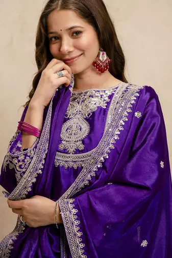 Purple color chinon partywear readymade salwar kameez for graceful looks