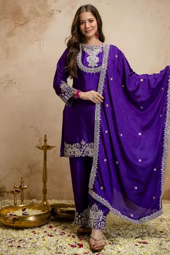 Purple color chinon partywear readymade salwar kameez for graceful looks