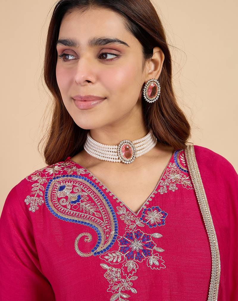Pink color stylish silk blend embroidered graceful partywear dress