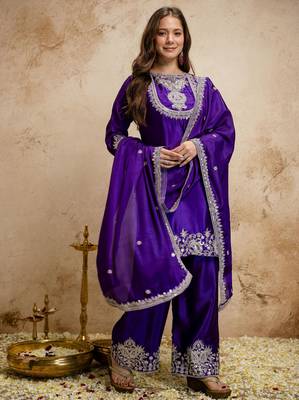 Purple color chinon partywear readymade salwar kameez for graceful looks 5