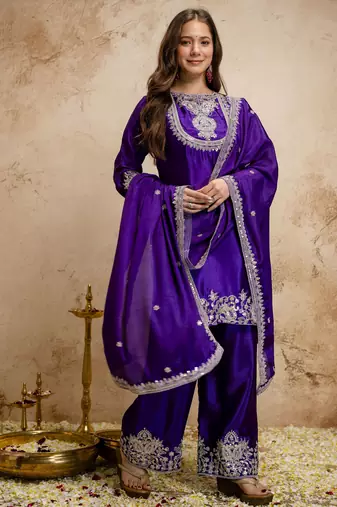 Purple color chinon partywear readymade salwar kameez for graceful looks