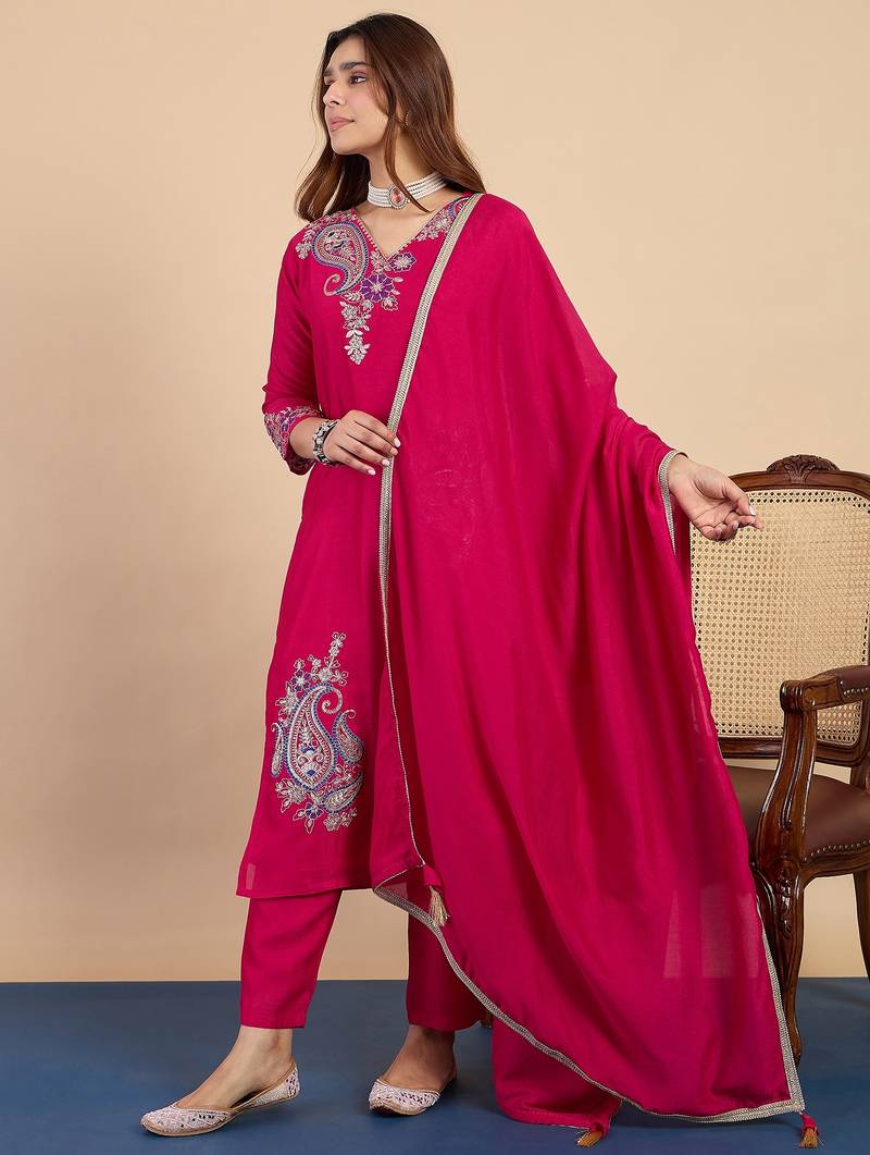 Pink color stylish silk blend embroidered graceful partywear dress