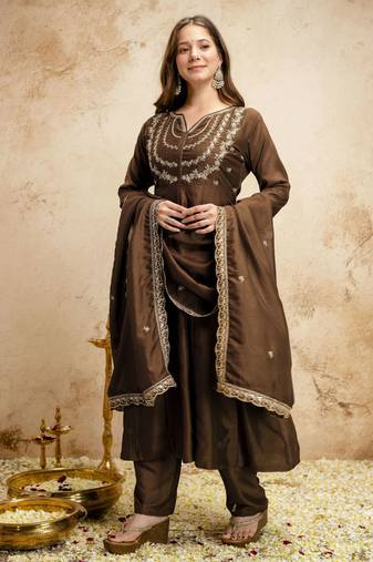 Brown color vichitra silk partywear readymade salwar kameez for graceful looks