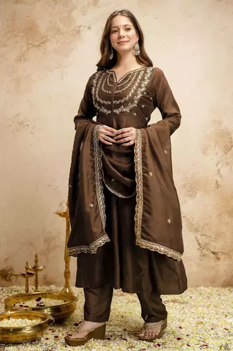 Brown color vichitra silk partywear readymade salwar kameez for graceful looks