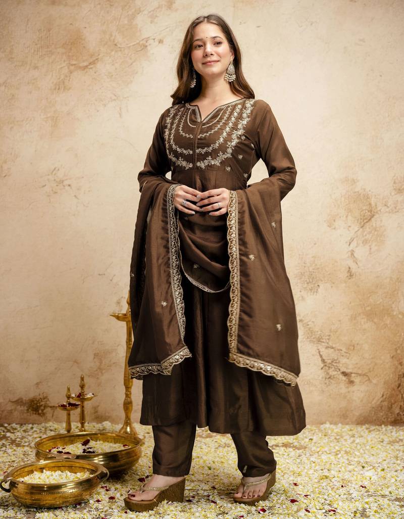 Brown color vichitra silk partywear readymade salwar kameez for graceful looks