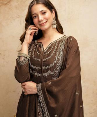 Brown color vichitra silk partywear readymade salwar kameez for graceful looks 3