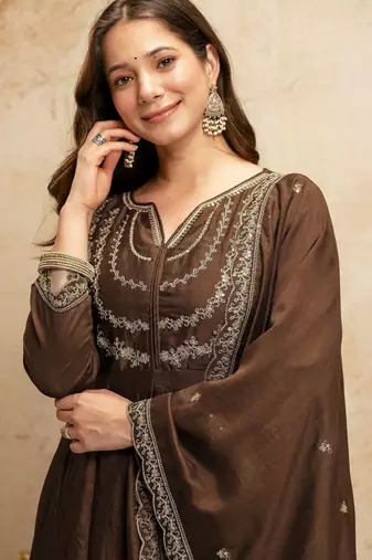 Brown color vichitra silk partywear readymade salwar kameez for graceful looks
