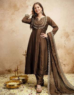 Brown color vichitra silk partywear readymade salwar kameez for graceful looks 4