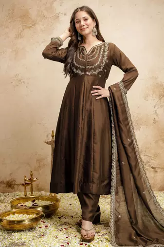 Brown color vichitra silk partywear readymade salwar kameez for graceful looks