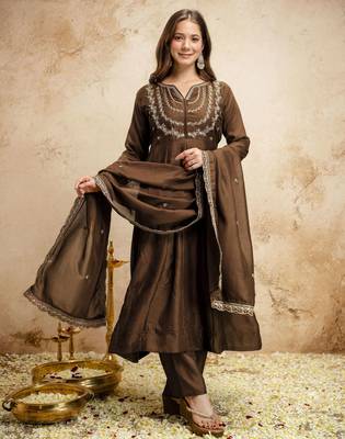 Brown color vichitra silk partywear readymade salwar kameez for graceful looks 5
