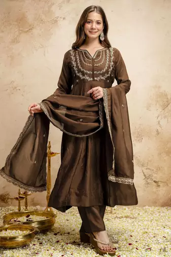 Brown color vichitra silk partywear readymade salwar kameez for graceful looks