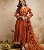 Red color vichitra silk partywear readymade salwar kameez for graceful looks