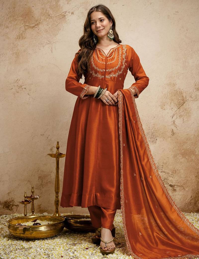 Red color vichitra silk partywear readymade salwar kameez for graceful looks