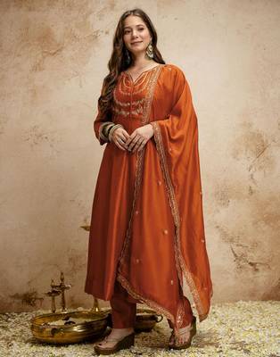 Red color vichitra silk partywear readymade salwar kameez for graceful looks 4