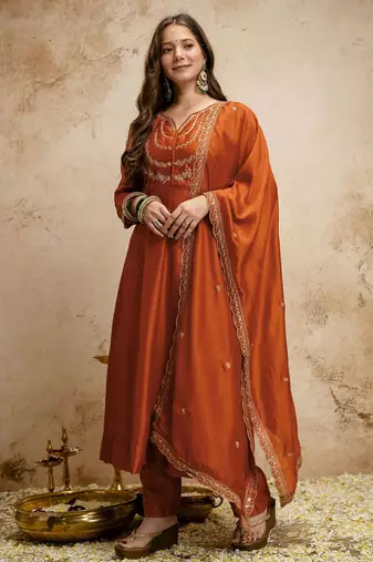 Red color vichitra silk partywear readymade salwar kameez for graceful looks