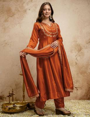 Red color vichitra silk partywear readymade salwar kameez for graceful looks 5