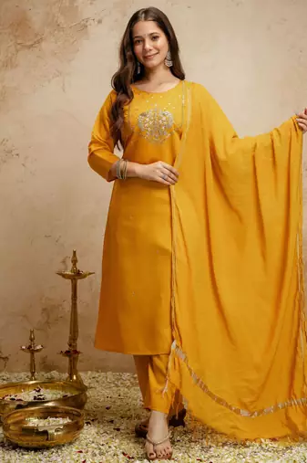 Yellow color chanderi partywear readymade salwar kameez for graceful looks