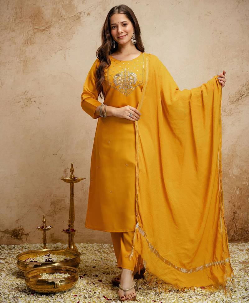 Yellow color chanderi partywear readymade salwar kameez for graceful looks