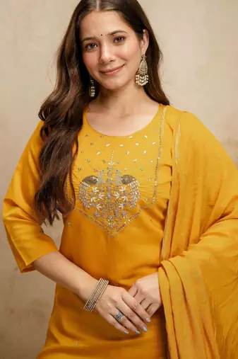 Yellow color chanderi partywear readymade salwar kameez for graceful looks