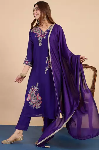Purple color stylish silk blend embroidered graceful partywear dress