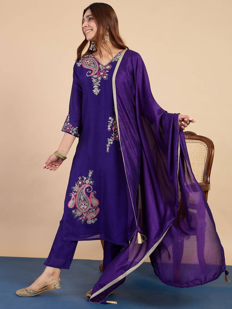 Purple color stylish silk blend embroidered graceful partywear dress