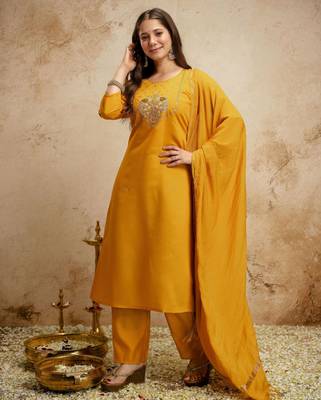 Yellow color chanderi partywear readymade salwar kameez for graceful looks 4