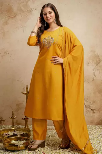 Yellow color chanderi partywear readymade salwar kameez for graceful looks