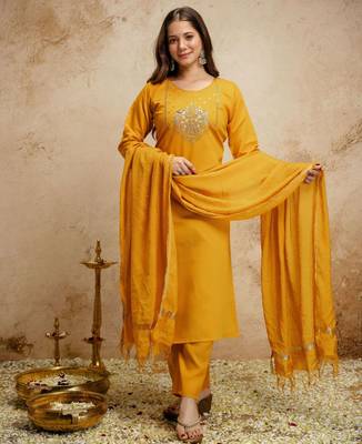 Yellow color chanderi partywear readymade salwar kameez for graceful looks 5