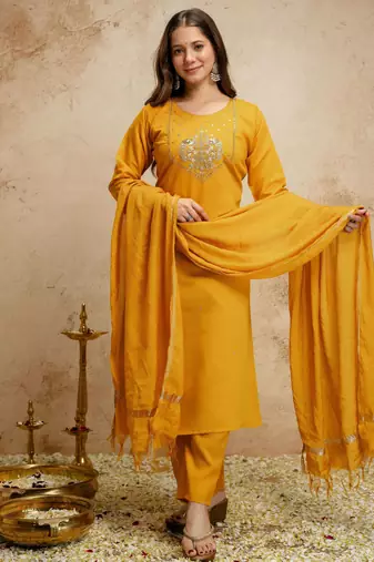 Yellow color chanderi partywear readymade salwar kameez for graceful looks