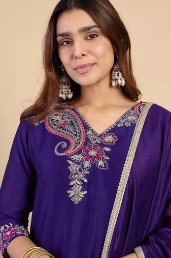 Purple color stylish silk blend embroidered graceful partywear dress