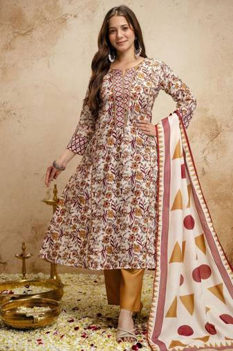 Cream color megic cotton partywear readymade salwar kameez for graceful looks