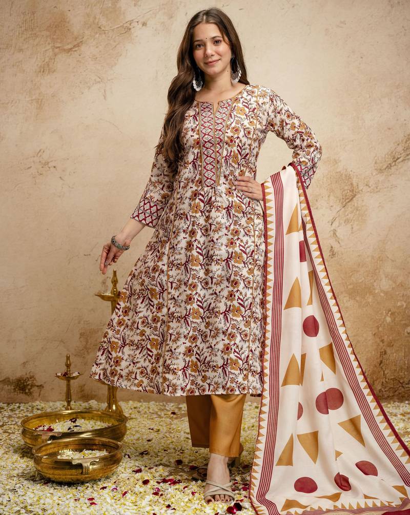 Cream color megic cotton partywear readymade salwar kameez for graceful looks
