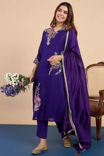 Purple color stylish silk blend embroidered graceful partywear dress