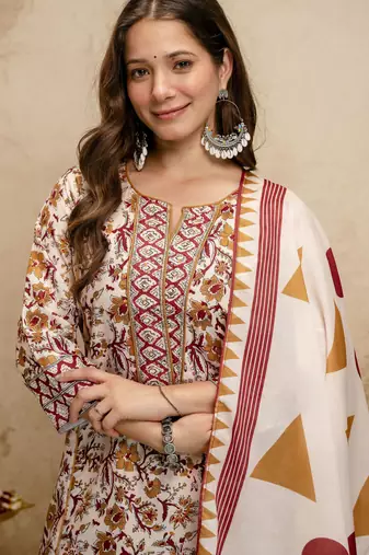 Cream color megic cotton partywear readymade salwar kameez for graceful looks