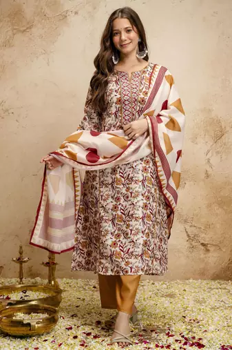 Cream color megic cotton partywear readymade salwar kameez for graceful looks