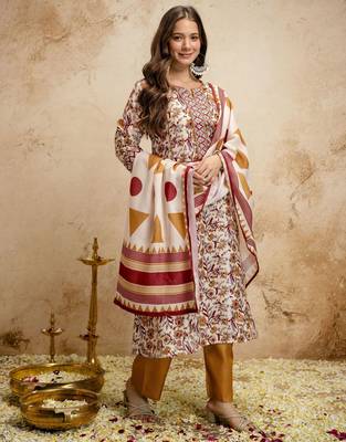 Cream color megic cotton partywear readymade salwar kameez for graceful looks 5