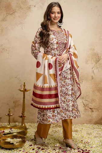 Cream color megic cotton partywear readymade salwar kameez for graceful looks