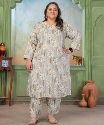 Grey rayon slub printed plus size kurta set 1