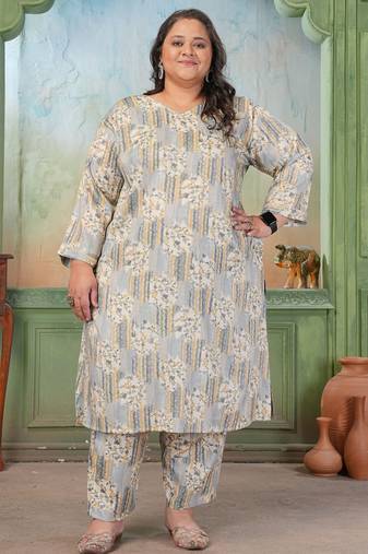 Grey rayon slub printed plus size kurta set