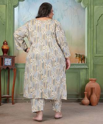 Grey rayon slub printed plus size kurta set 2